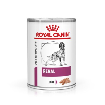 Dosen-Hundefutter von Royal Canin, beschriftet mit 'Veterinary Renal Loaf', mit einer Silhouette eines Hundes und Bildern von Fleisch.